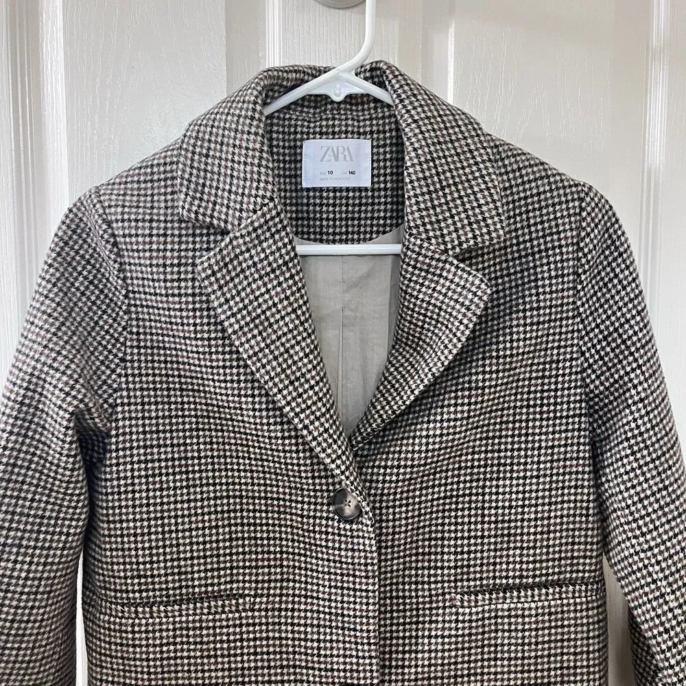 Zara Girls Two Tone Wool Blend Plaid Tweed Coat Brown Black Size 10